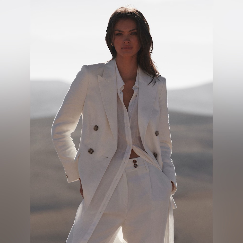 REISS HOLLIE DOUBLE BREASTED LINEN BLAZER IN WHITE